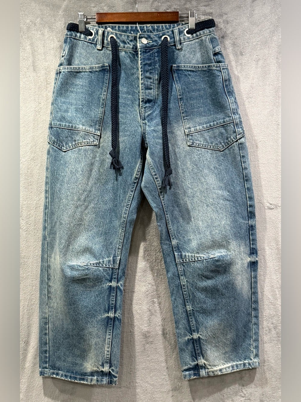Aaron & Amber Jeans Womens Size M Barrel Leg Blue Denim Button Fly Boho - Picture 1 of 9